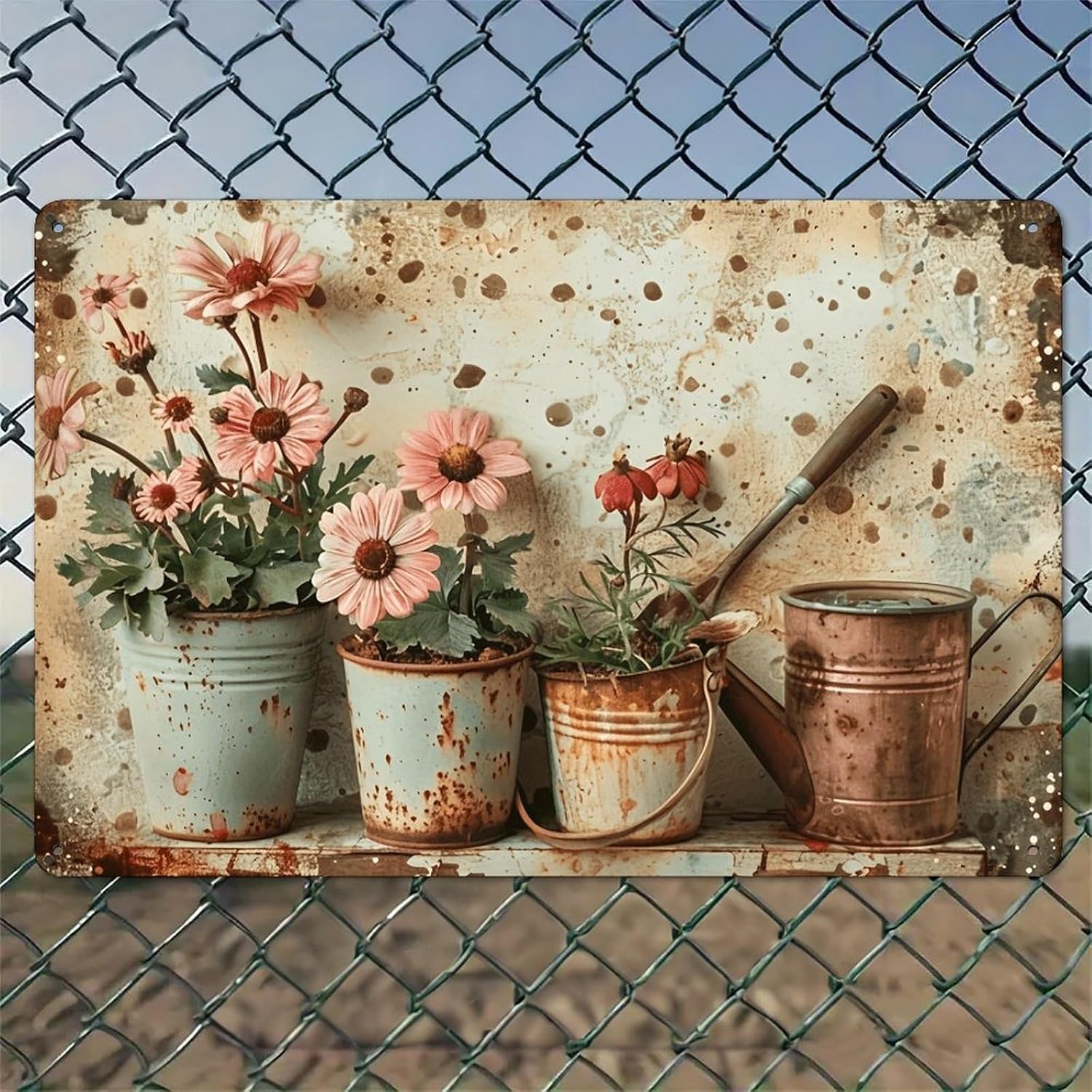 Watering Can - Roestige emmers met roze bloemen en